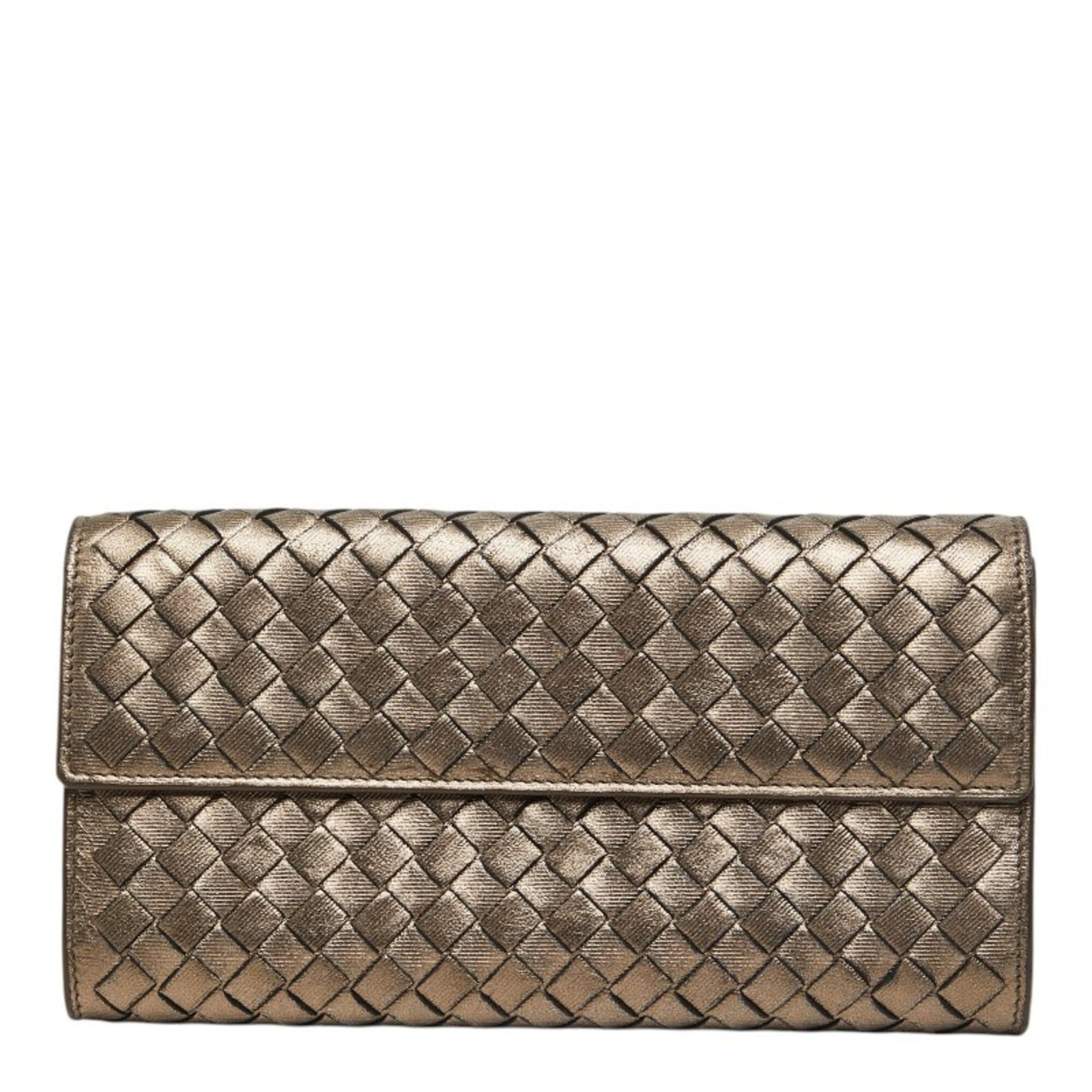 Bottega Veneta Long Wallet (Bi-Fold) Leather: Bottega Veneta Long Wallet (Bi-Fold) Leather Champagne gold leather wraps around the classic bi-fold design of this Bottega Veneta long wallet, offering a timeless and sophisticated touch to any