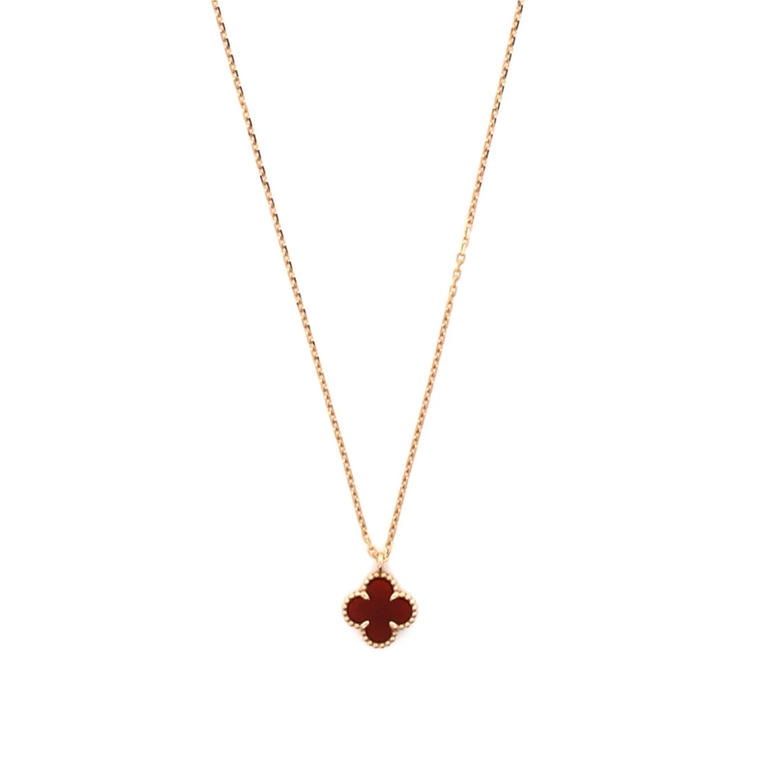 Carnelian Necklace Rose Gold Pendant Alhambra Sweet Van Cleef & Arpels: Carnelian Necklace Rose Gold Pendant Alhambra Sweet Van Cleef & Arpels 18K Rose Gold Sweet Alhambra Pendant Necklace with Carnelian Stone, featuring a delicate 11.75mm pendant and 15.25-16.0" chain,
