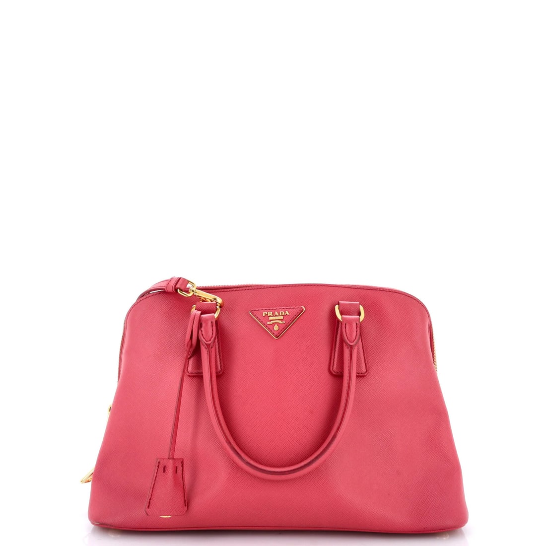 Medium Saffiano Leather Prada Bag Promenade: Medium Saffiano Leather Prada Bag Promenade Pink Saffiano Leather Prada Promenade Medium Satchel Bag with Clochette and Gold Hardware, featuring a classic design with subtle wear and minor scuffs.