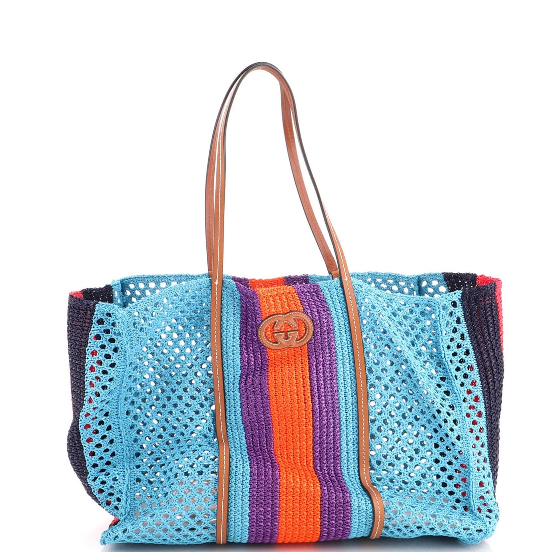 Raffia leather medium Gucci Interlocking G Web Tote: Raffia leather medium Gucci Interlocking G Web Tote Raffia leather medium Gucci Interlocking G Web Tote boasts a striking blue exterior with a unique raffia material, characteristic of Gucci's