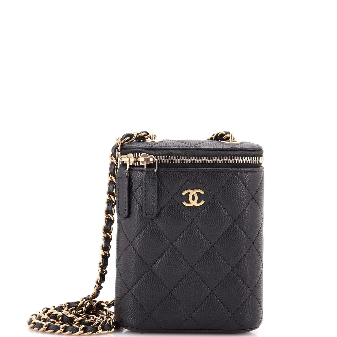Classic Vertical Caviar Chain Quilted Chanel Small Vanity Case: Classic Vertical Caviar Chain Quilted Chanel Small Vanity Case The Classic Vertical Caviar Chain Quilted Chanel Small Vanity Case boasts a timeless design with its chain quilted exterior in sleek blac
