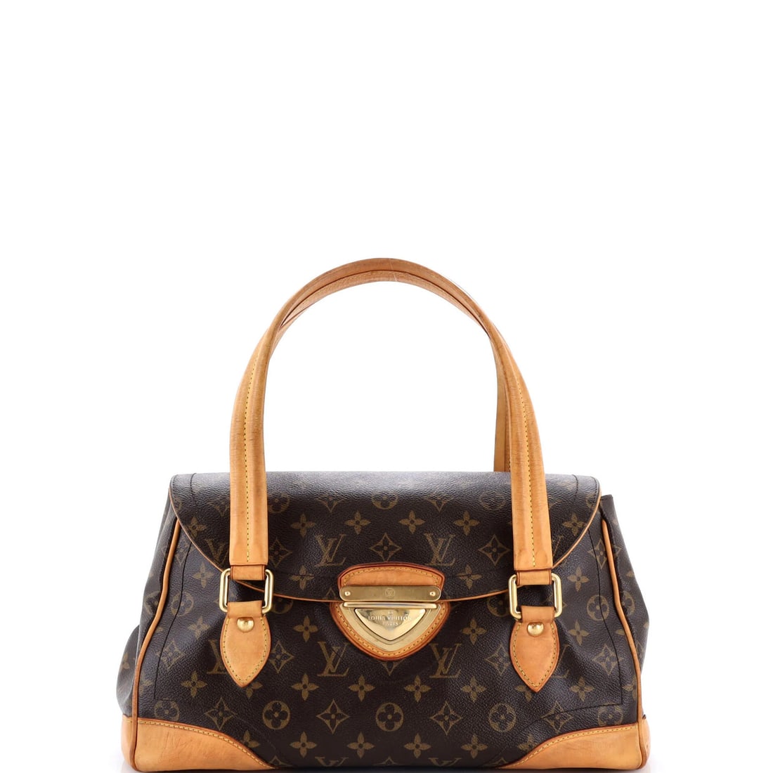 Monogram Canvas Handbag GM Louis Vuitton Beverly: Monogram Canvas Handbag GM Louis Vuitton Beverly Canvas Coated Louis Vuitton Beverly Satchel in Brown, featuring a classic GM monogram pattern. This pre-owned handbag boasts a rich, earthy tone and a 