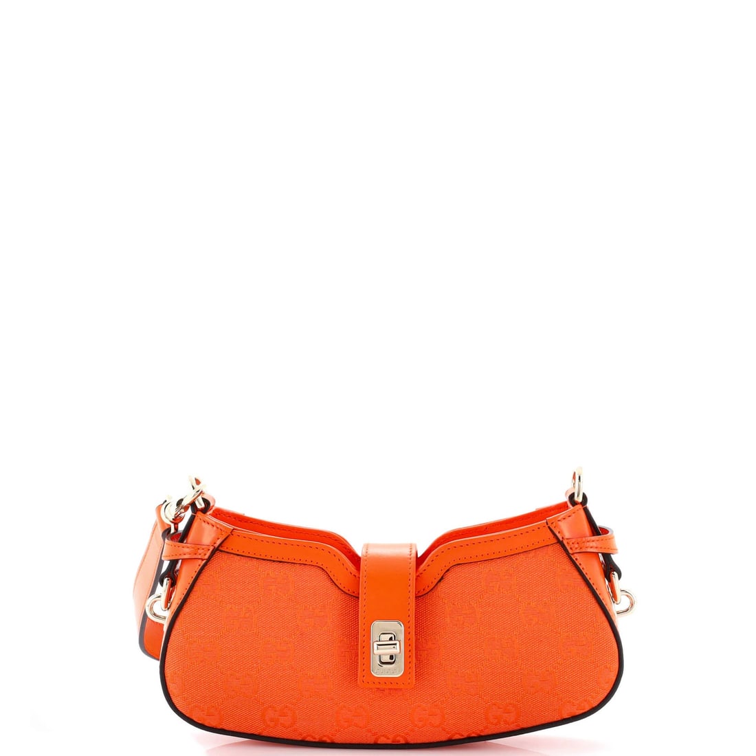 Moon Side Bag GG Canvas Mini Gucci: Moon Side Bag GG Canvas Mini Gucci Orange canvas exterior, gold tone hardware, and vibrant interior make this Gucci Moon Side Bag a statement piece. Measuring 4" x 9" x 1.5", it's a compact mini shoul