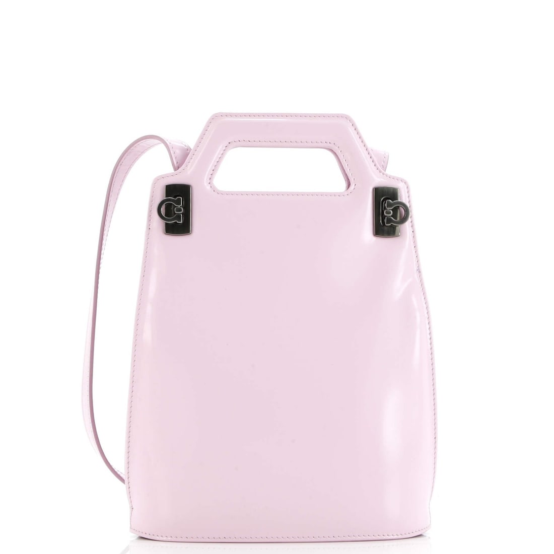 Salvatore Ferragamo Wanda North South Leather Top Handle Bag Shoulder: Salvatore Ferragamo Wanda North South Leather Top Handle Bag Shoulder Pink leather shoulder bag with a top handle, measuring 9" in height, 6.5" in width, and 3" in depth, featuring a North South