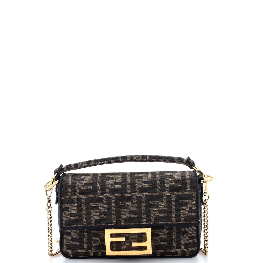 Fendi NM Bag Baguette Zucca Mini: Fendi NM Bag Baguette Zucca Mini The Fendi Baguette Zucca Mini is a stylish and compact cross-body bag made from high-quality canvas. Its brown exterior features a classic design with a gold hardware