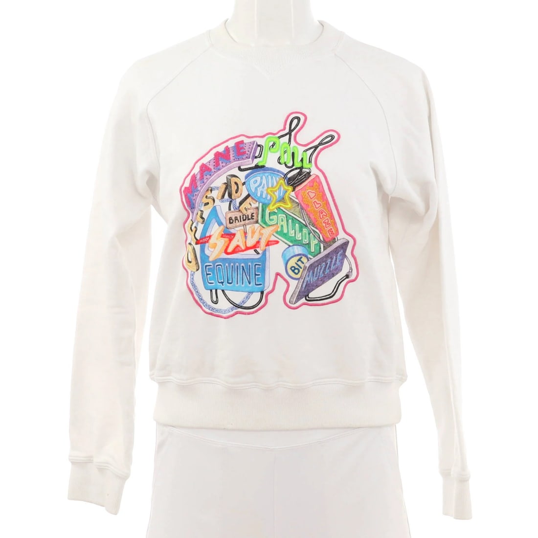Women's Crewneck Sweater Embroidered Hermes Cotton: Women's Crewneck Sweater Embroidered Hermes Cotton White multicolor embroidered cotton crewneck sweater from Hermes, featuring a classic design with minor stains and wear. The sweater is made from