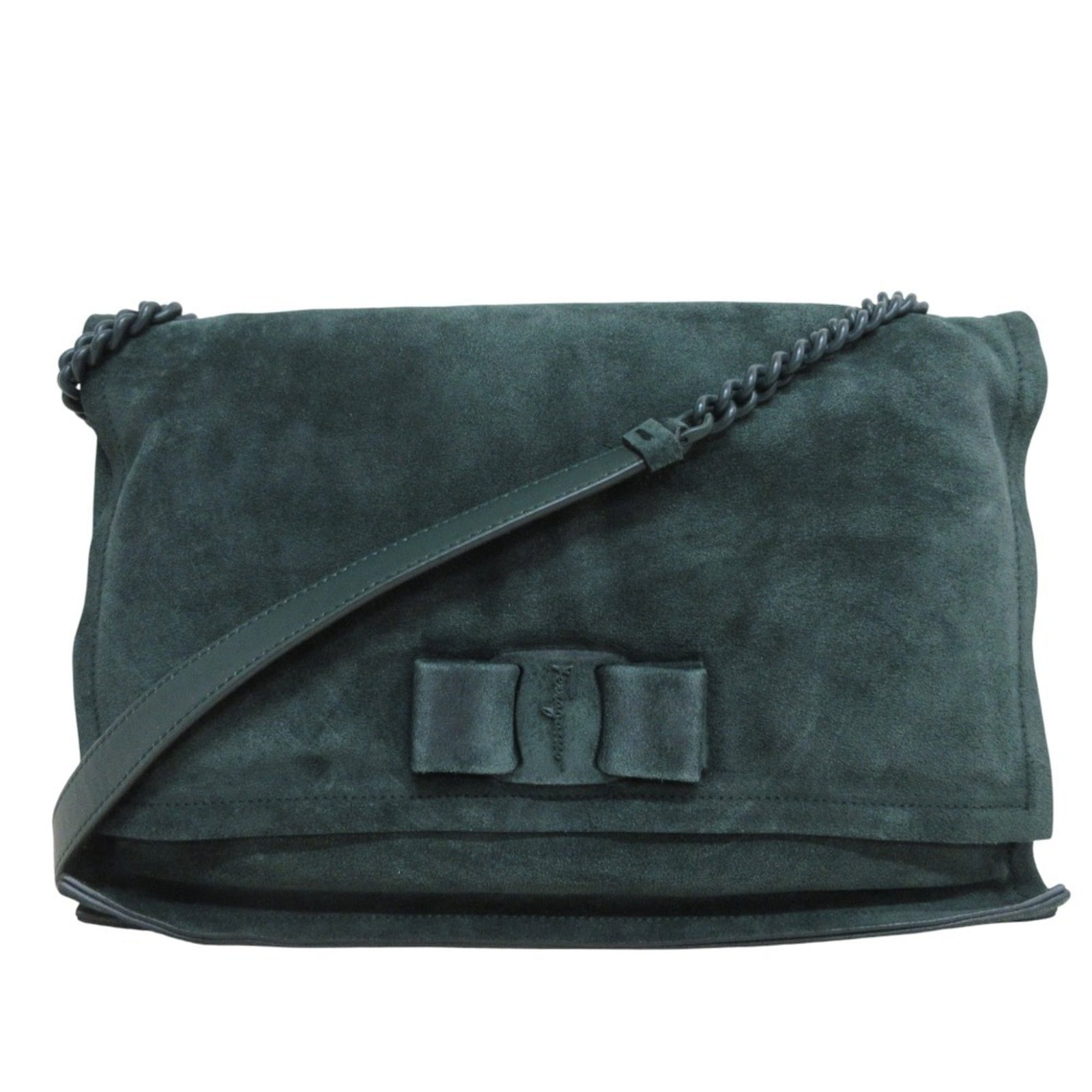 Suede Shoulder Bag by Ferragamo Salvatore: Suede Shoulder Bag by Ferragamo Salvatore Suede shoulder bag by Ferragamo Salvatore, featuring a rich green color and sleek design. Made from high-quality suede, this bag measures 21cm x 31.5cm x