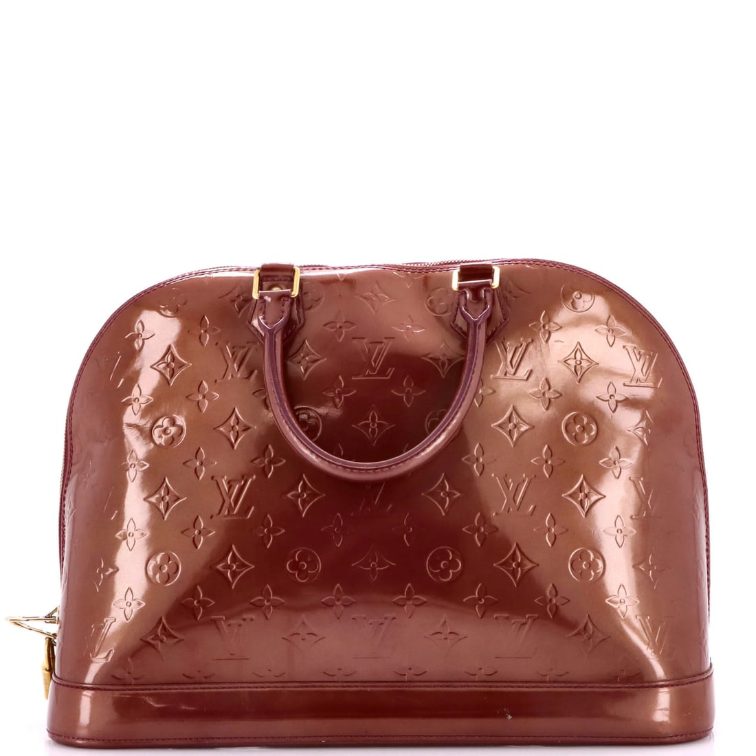 Vernis Monogram Handbag Alma GM Louis Vuitton: Vernis Monogram Handbag Alma GM Louis Vuitton Patent Leather Red Alma GM Louis Vuitton Handbag with Monogram Vernis GM exterior, featuring a distinctive red color and gold hardware. This Alma handbag 