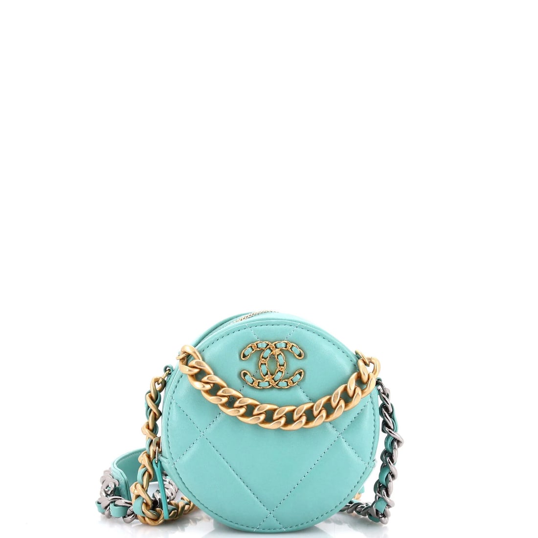 Round Clutch Quilted Leather with Chain 19 Chanel: Round Clutch Quilted Leather with Chain 19 Chanel 19 Round Clutch with Chain Quilted Leather Exterior in Green, featuring a classic Chanel design with a 23" chain strap and minor scuffs on the