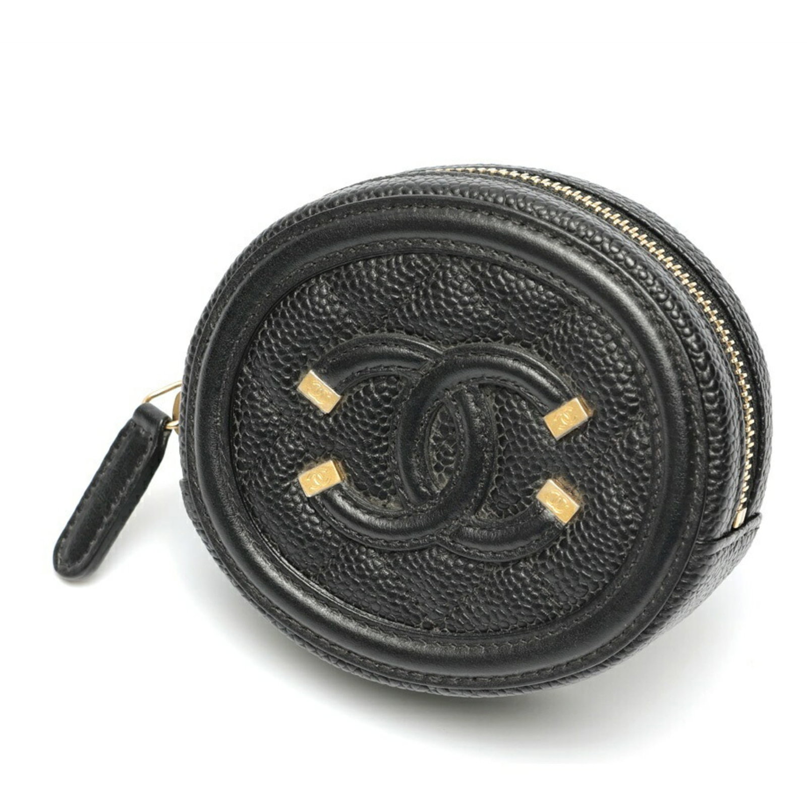 Coin Case Grained Calfskin by Chanel: Coin Case Grained Calfskin by Chanel Grained Calfskin coin case by Chanel, crafted from high-quality Italian leather, boasts a sleek black finish and precise dimensions. Measuring 8.5cm x 10cm x 3cm,