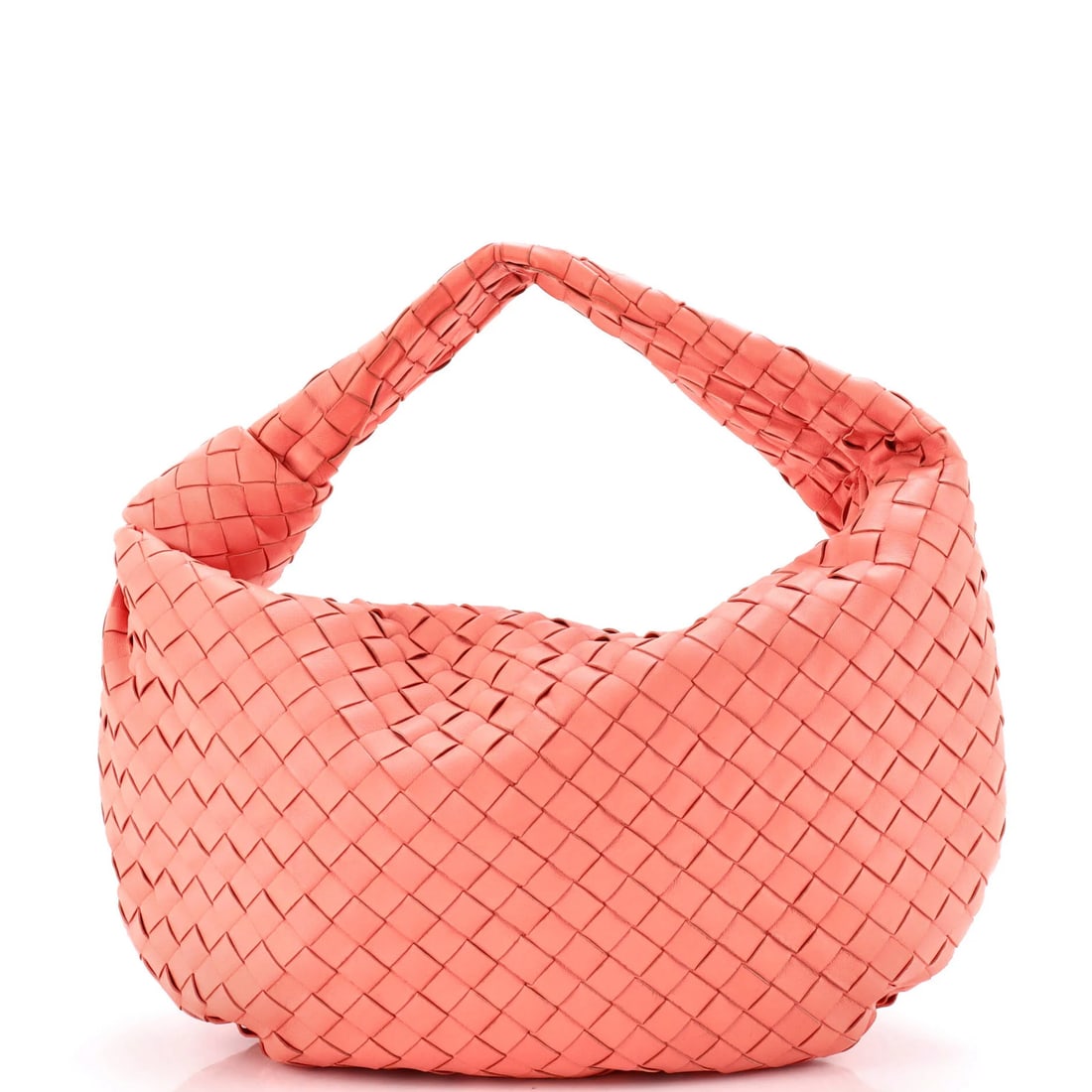 Veneta Bottega Hobo BV Intrecciato Medium Nappa: Veneta Bottega Hobo BV Intrecciato Medium Nappa Pink leather hobo bag with intrecciato design, measuring 7" drop, 11" height, 18" width, and 5" depth. Features exterior edge wear, minor scuffs, and