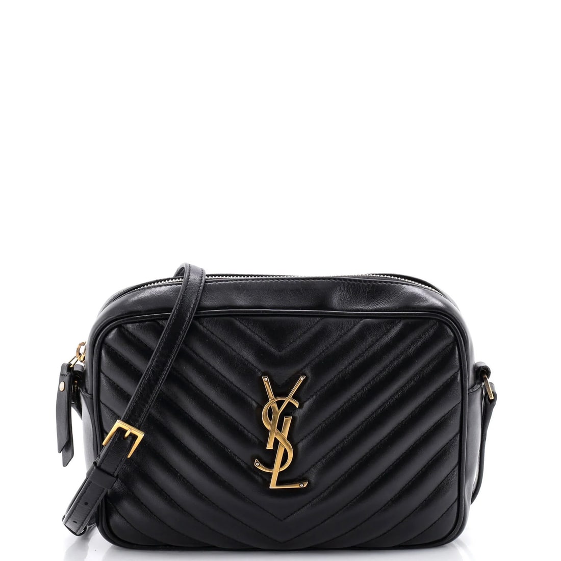 Matelasse Leather Chevron Bag Small Camera Lou Saint: Matelasse Leather Chevron Bag Small Camera Lou Saint Small Matelasse Leather Chevron Bag by Saint Laurent. This black leather cross body bag features a distinctive chevron pattern and measures 6.5"