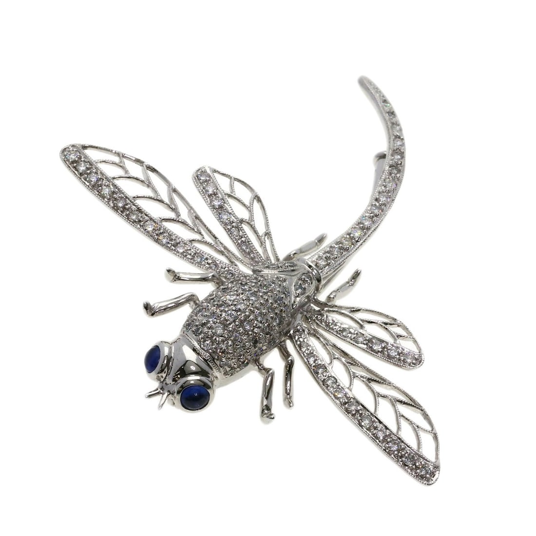 0.31Ct Dragonfly Sapphire Diamond Brooch K18 White Gold 10.1G: 0.31Ct Dragonfly Sapphire Diamond Brooch K18 White Gold 10.1G K18 White Gold brooch featuring a 0.31ct diamond and 0.72ct sapphire, showcasing a striking combination of silver and gold hues. The brooc