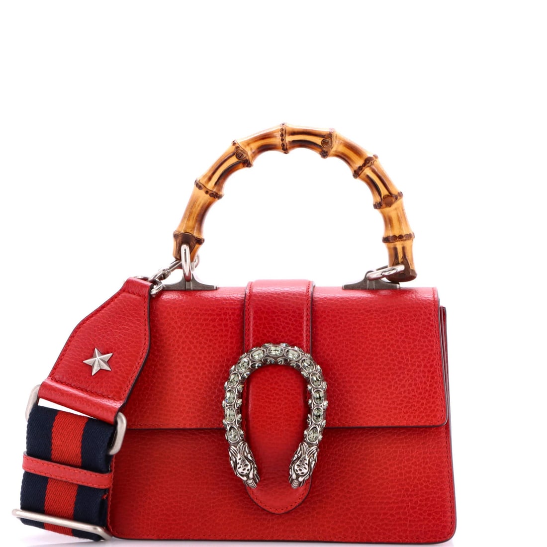 Gucci Bamboo Top Handle Leather Mini Dionysus: Gucci Bamboo Top Handle Leather Mini Dionysus The Gucci Bamboo Top Handle Leather Mini Dionysus is a striking red leather mini bag with a crystal style, featuring a top handle and a neutral interior. 