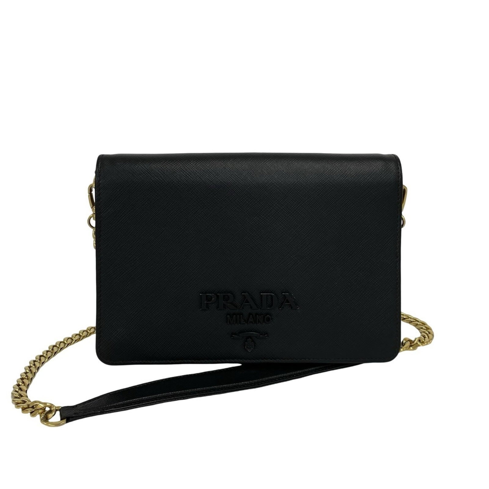 Shoulder Bag Leather Pochette Prada: Shoulder Bag Leather Pochette Prada Black leather shoulder bag with a pochette design, measuring 14cm x 20cm x 3cm. The bag's sleek and sophisticated design makes it a stylish accessory for everyday u