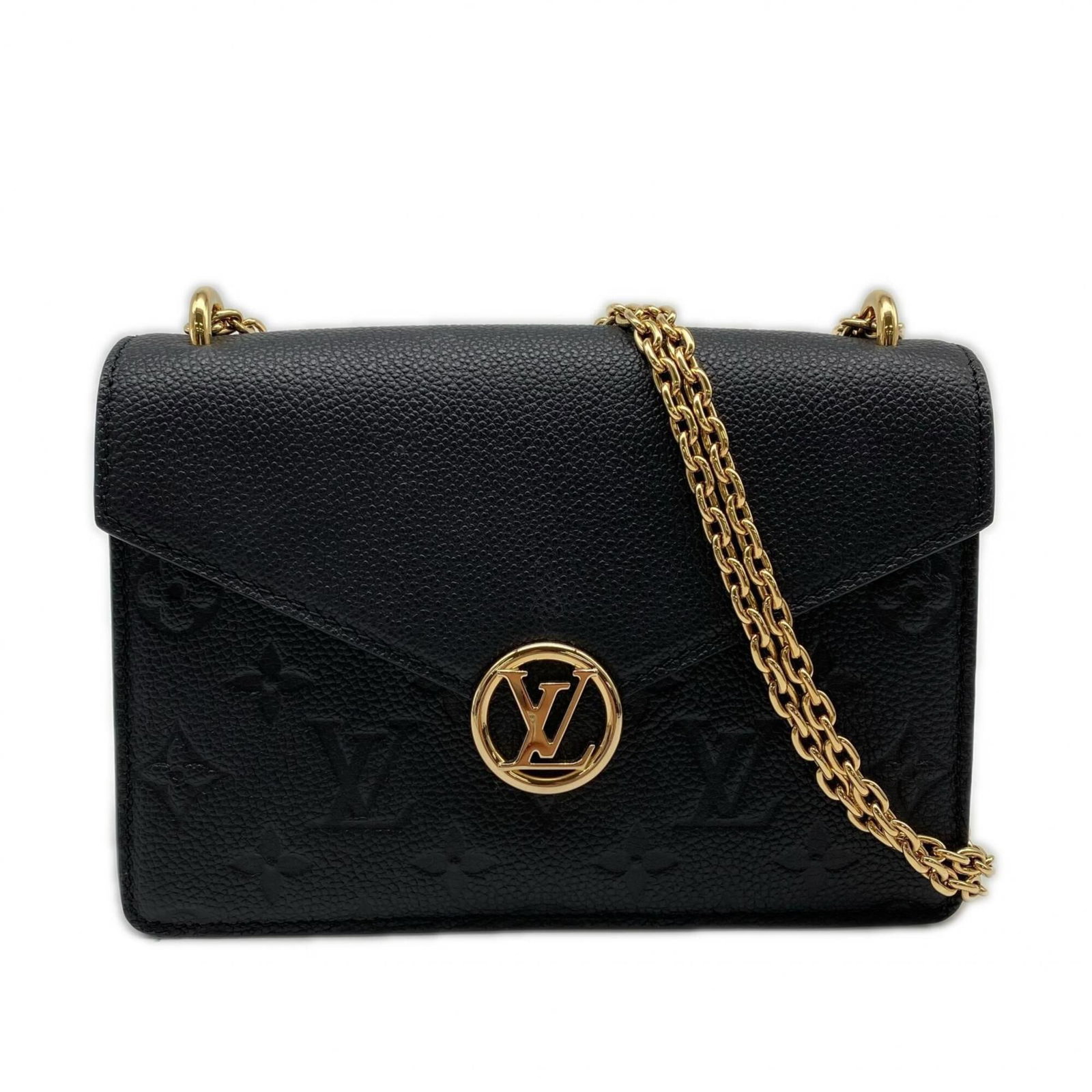Leather Wallet Chain Shoulder Louis Vuitton: Leather Wallet Chain Shoulder Louis Vuitton Chain/Shoulder wallet with a sleek black leather design, featuring a 1m long strap and calf leather construction. The RFID-blocking material provides added