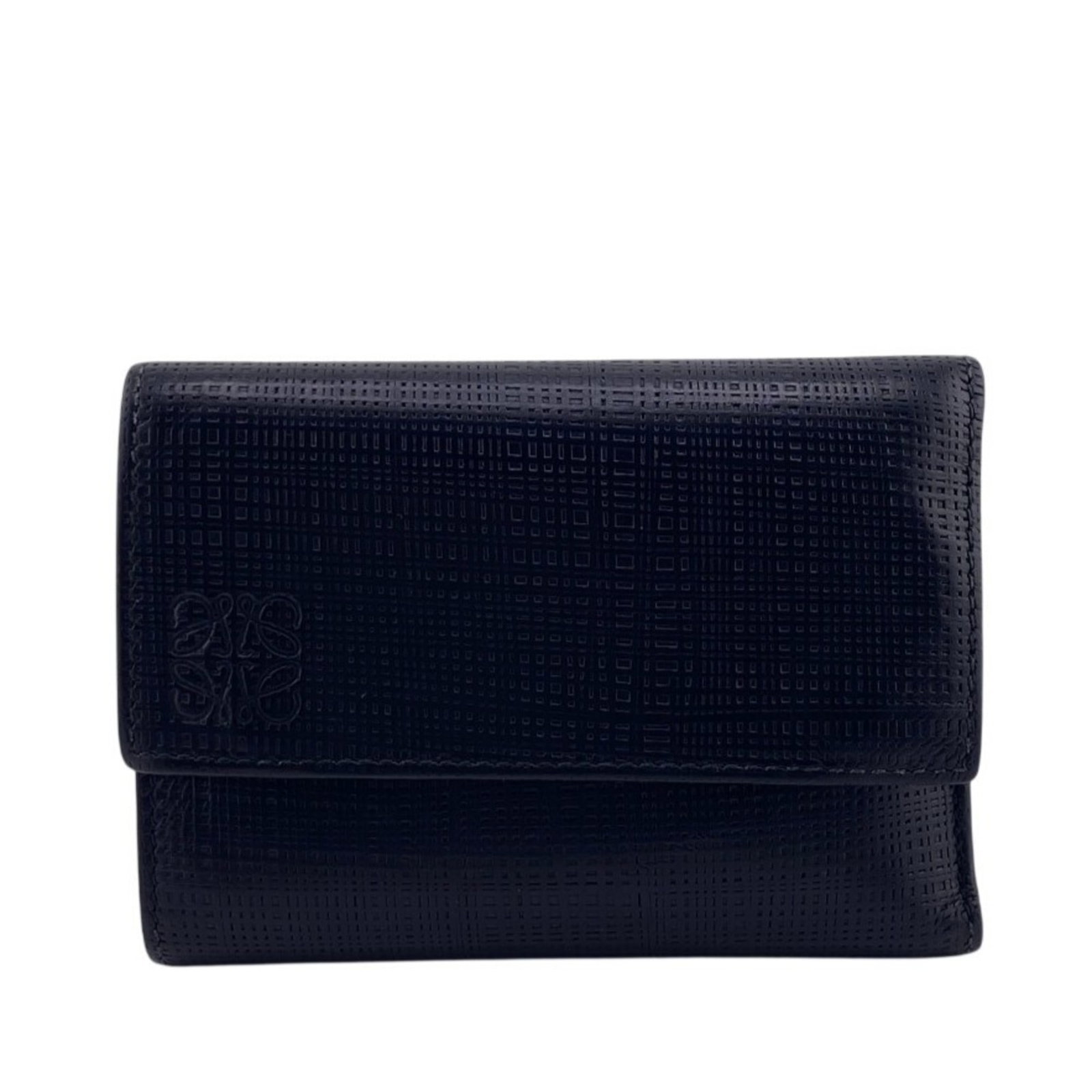 Loewe Wallet (Tri-Fold) Leather: Loewe Wallet (Tri-Fold) Leather The Loewe wallet is a sleek, tri-fold leather wallet with a classic design. Made from high-quality black leather, it measures 9cm x 12cm x 2cm and features a timeless, 