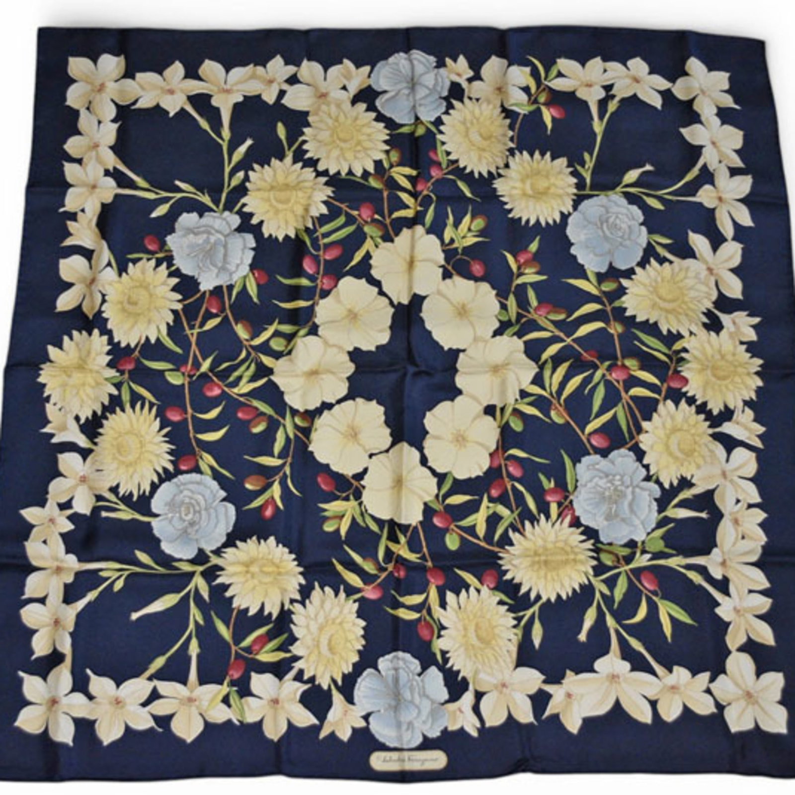 Ferragamo Silk Scarf Salvatore: Ferragamo Silk Scarf Salvatore This navy silk scarf from Salvatore Ferragamo features a classic design, bearing a signature. Made from high-quality silk, it measures 88cm x 88cm. A timeless accessory 