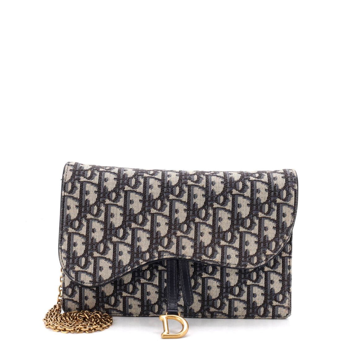 Christian Dior Saddle Chain Oblique Canvas: Christian Dior Saddle Chain Oblique Canvas The Christian Dior Saddle Chain Oblique Canvas clutch boasts a striking blue exterior, adorned with a signature saddle chain design. Made from high-quality