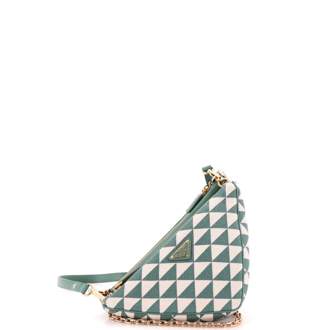 Double Symbole Triangle Bag Leather Jacquard Mini: Double Symbole Triangle Bag Leather Jacquard Mini The Prada Double Symbole Triangle Bag Leather Jacquard Mini boasts a striking green canvas exterior with a rich leather interior, adorned with a gold 