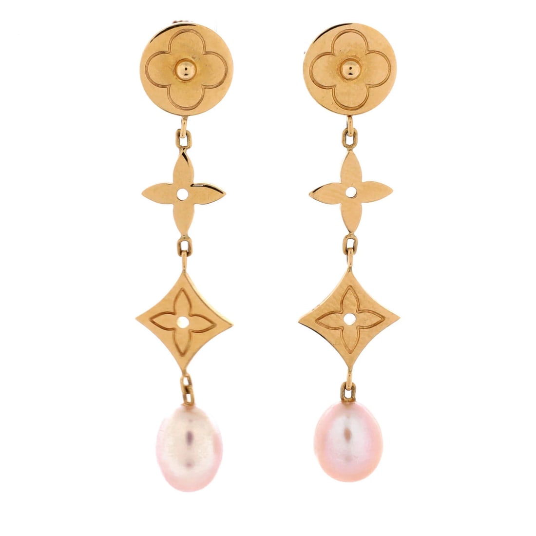 Yellow Gold Earrings Drop Pearls Blossom with 18K Louis Vuitton Idylle: Yellow Gold Earrings Drop Pearls Blossom with 18K Louis Vuitton Idylle 18K Yellow Gold Earrings Drop Pearls Blossom with 18K Louis Vuitton Idylle feature a delicate drop design with a 1.25" length and