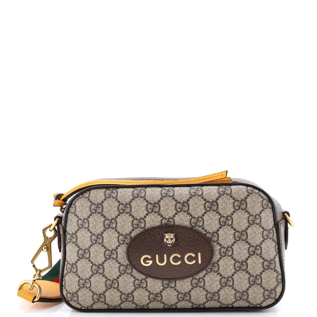 Coated Canvas GG Gucci Messenger Bag Vintage Neo Camera: Coated Canvas GG Gucci Messenger Bag Vintage Neo Camera Brown canvas coated GG Gucci Neo Vintage Camera Messenger Bag with neutral interior and aged gold hardware, featuring minor scuffs and edge wear
