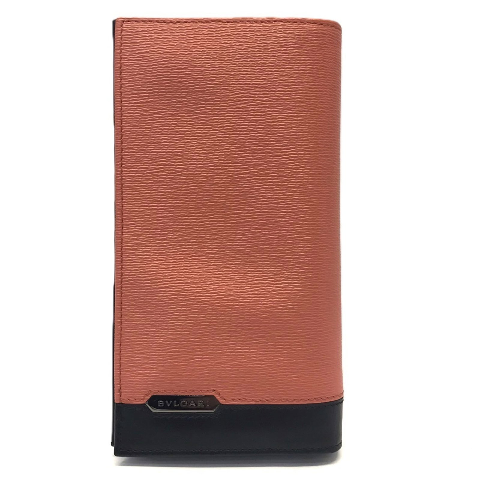 Bvlgari Long Wallet (Bi-Fold) Leather: Bvlgari Long Wallet (Bi-Fold) Leather The Bvlgari Long Wallet in Orange and Salmon Pink is a stylish bi-fold design made from high-quality Calfskin leather. With a sleek flap closure and compact size,
