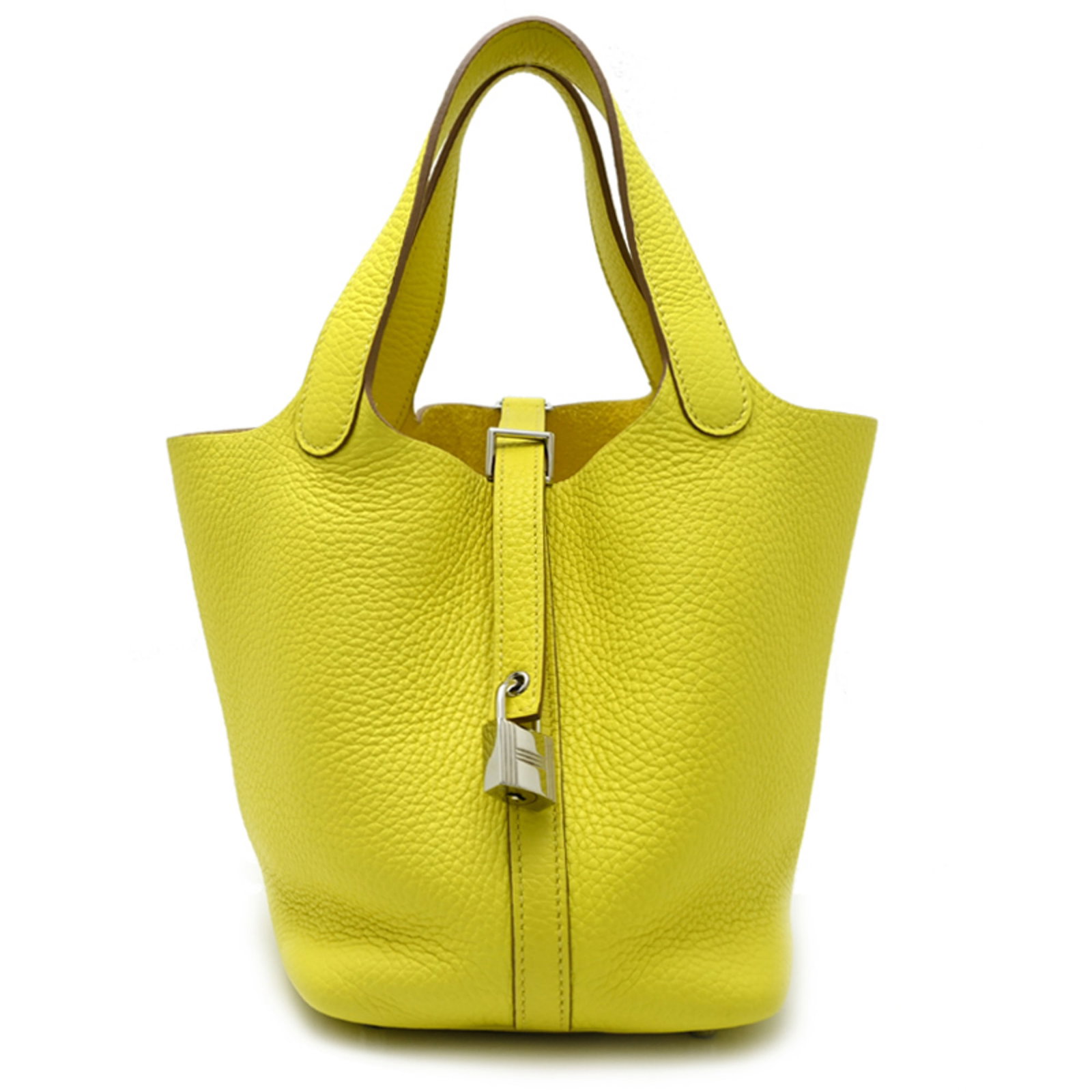 Clemence Leather Handbag Taurillon Hermes: Clemence Leather Handbag Taurillon Hermes Taurillon clemence leather handbag from Hermes, featuring a vibrant lime and yellow color combination. Measuring 18cm x 22cm x 13cm, this small handbag is a