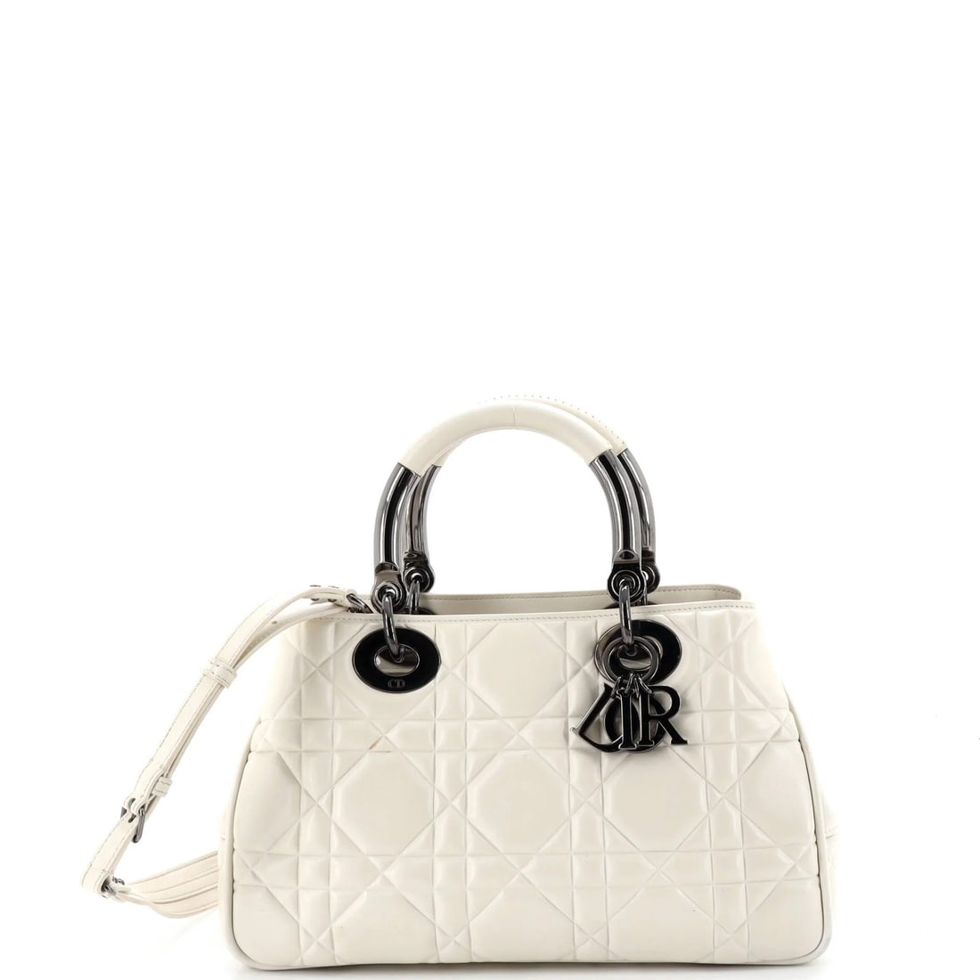 Lady Christian Dior Bag Leather Medium Cannage Embossed 95.22: Lady Christian Dior Bag Leather Medium Cannage Embossed 95.22 Medium Cannage Embossed Leather Lady Bag by Christian Dior, featuring a neutral exterior with scuffs, creases, and corner wear, and a