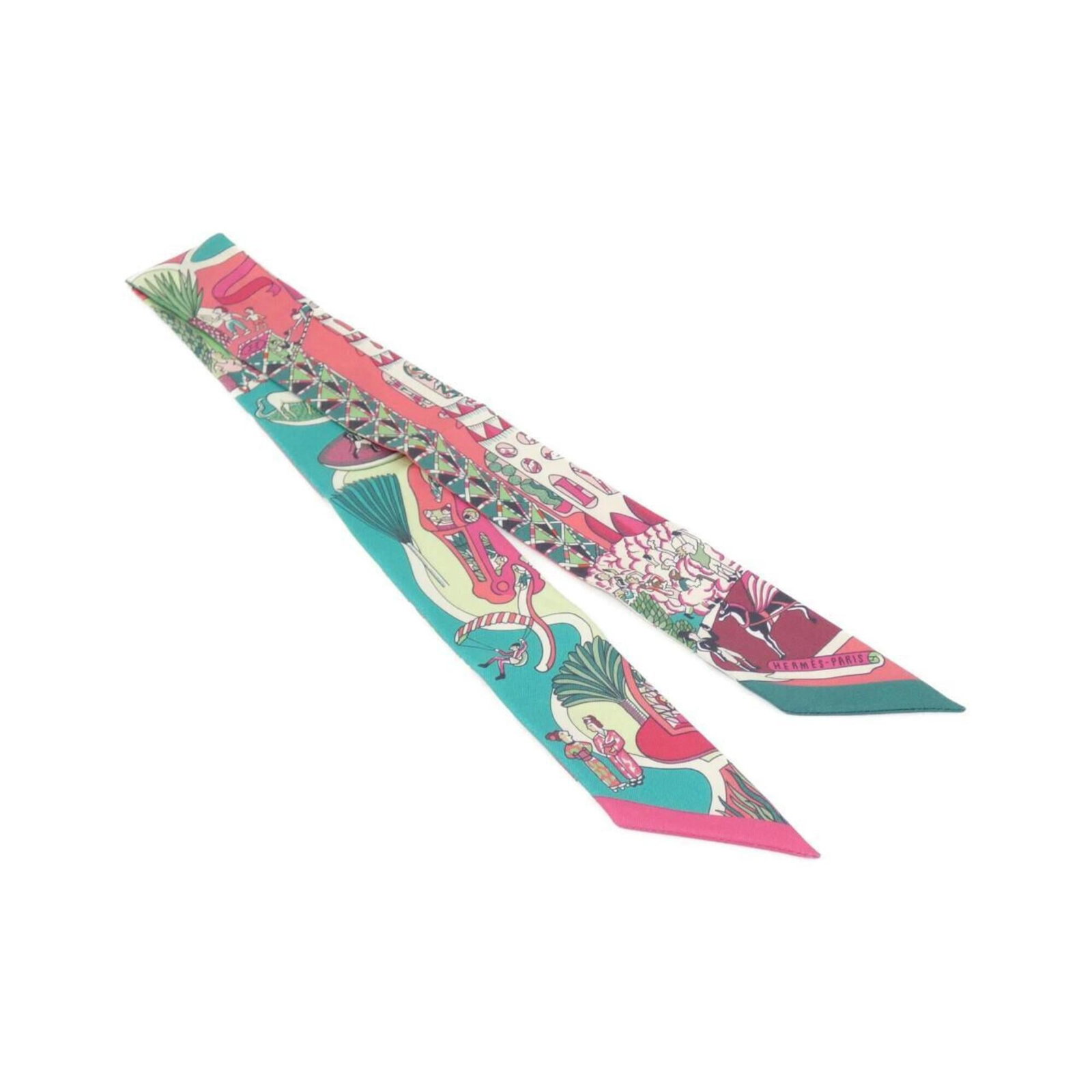 Silk Hermes Scarf: Silk Hermes Scarf Silk from high-quality materials, this 5cm x 86cm scarf features a vibrant green or pink color. Made from silk, it measures 5cm x 86cm in size. The scarf bears a signature. Item Spec