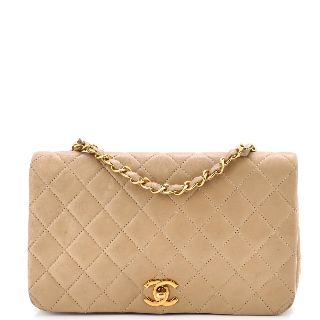 Lambskin Quilted Vintage Bag Chanel Full Medium: Lambskin Quilted Vintage Bag Chanel Full Medium Heavy edge wear, heavy corner wear, and heavy discoloration throughout this vintage Chanel bag give it a unique, worn-in look. The quilted lambskin