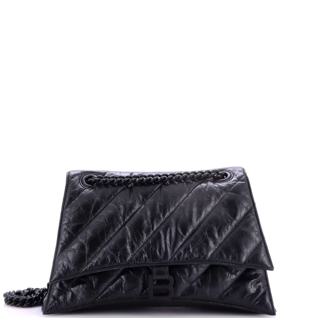 Quilted Calfskin Bag Crush Chain Flap Medium: Quilted Calfskin Bag Crush Chain Flap Medium Black quilted calfskin medium bag with a chain flap, featuring heavy edge wear, scuffs, and minor creases on the exterior, and scuffs, stains,