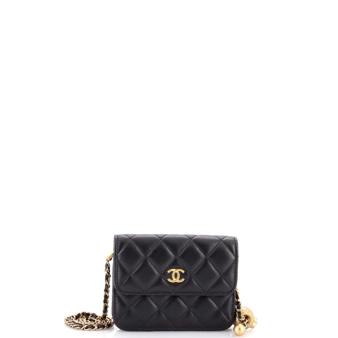 Pearl Crush Flap Clutch with Chain Quilted Lambskin: Pearl Crush Flap Clutch with Chain Quilted Lambskin Black Pearl Crush Flap Clutch with Chain Quilted Lambskin features a sleek design, measuring 3.5" in height, 4.5" in width, and 1" in depth. The
