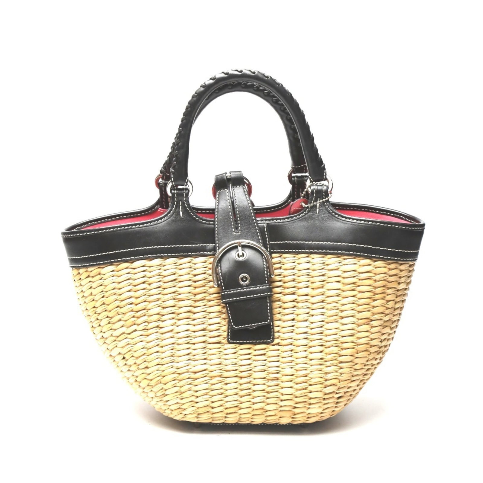 Handbag Tote Straw Leather Coach: Handbag Tote Straw Leather Coach Straw and leather blend creates a unique look in this black and brown Coach handbag tote. The 21cm x 38cm x 13cm size and 14cm handle drop make it a practical choice