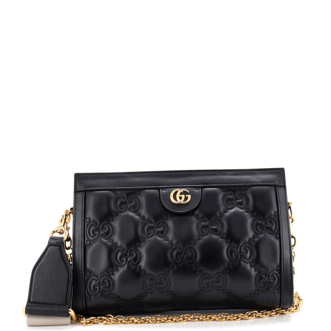 Small Matelasse Leather Gucci GG Shoulder Bag: Small Matelasse Leather Gucci GG Shoulder Bag Small Matelasse Leather Gucci GG Shoulder Bag in Black. This small shoulder bag features Gucci's signature GG Matelasse Leather exterior, with a neutral i
