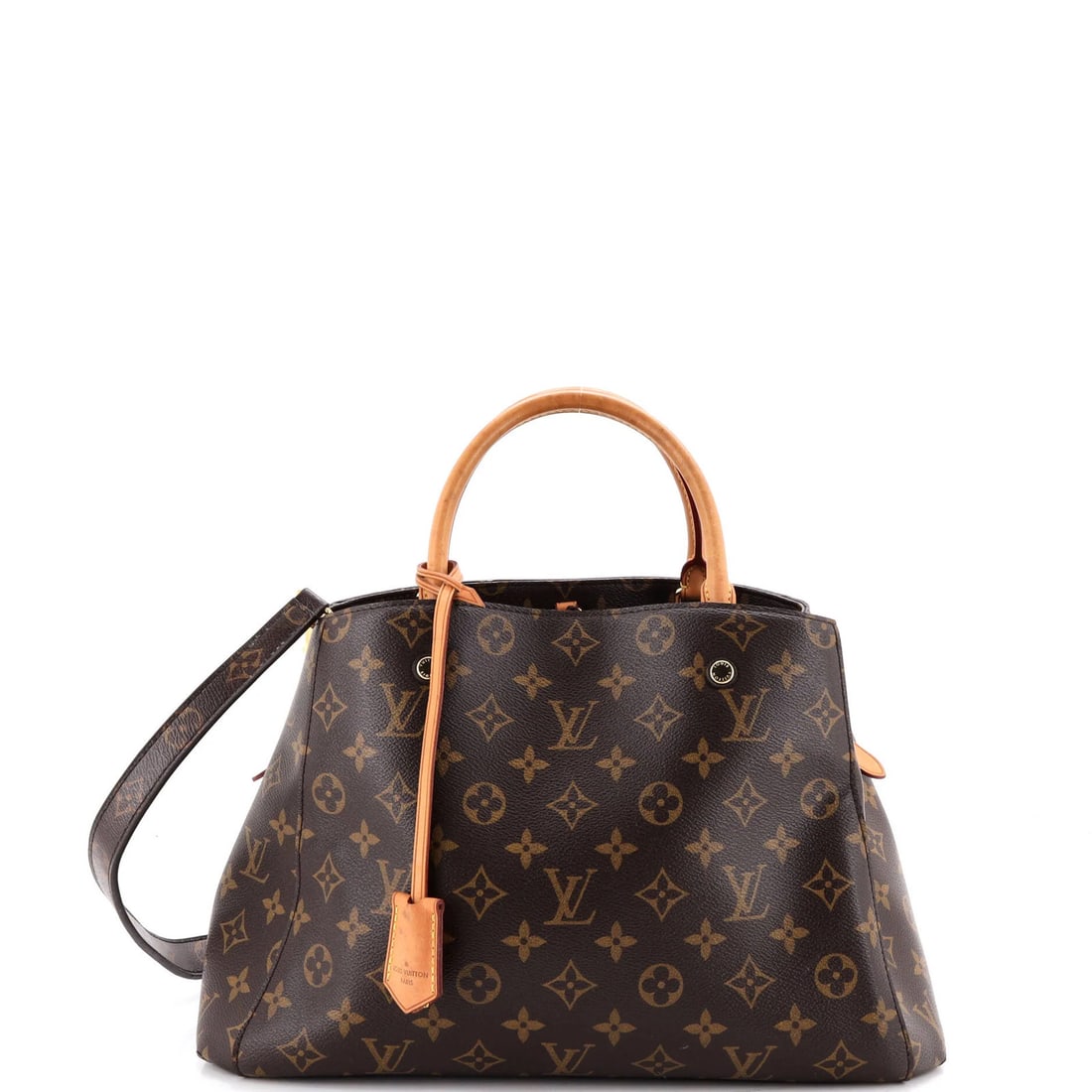 Vuitton Louis Handbag Monogram Canvas MM Montaigne: Vuitton Louis Handbag Monogram Canvas MM Montaigne Brown Montaigne Louis Vuitton MM Monogram Canvas Tote with gold hardware, featuring a classic design and signature monogram pattern, measures 9" tall