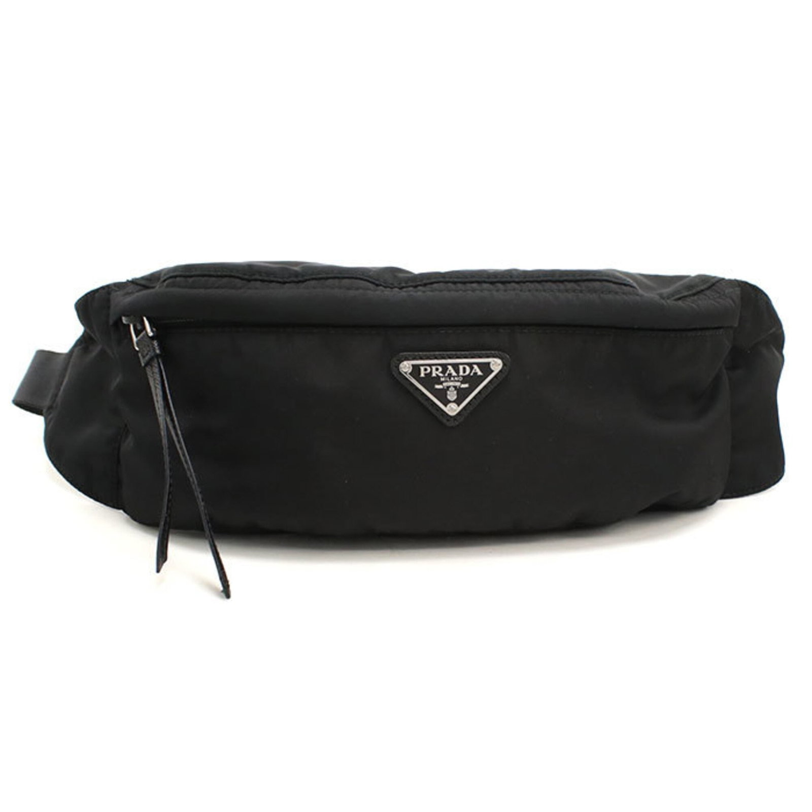 Nylon Prada Sling Bag: Nylon Prada Sling Bag Nylon Prada Sling Bag, a sleek and versatile accessory from Italy, boasts a striking black color and silver hardware. Made from durable nylon, this 11cm x 26cm x 5cm sling bag is