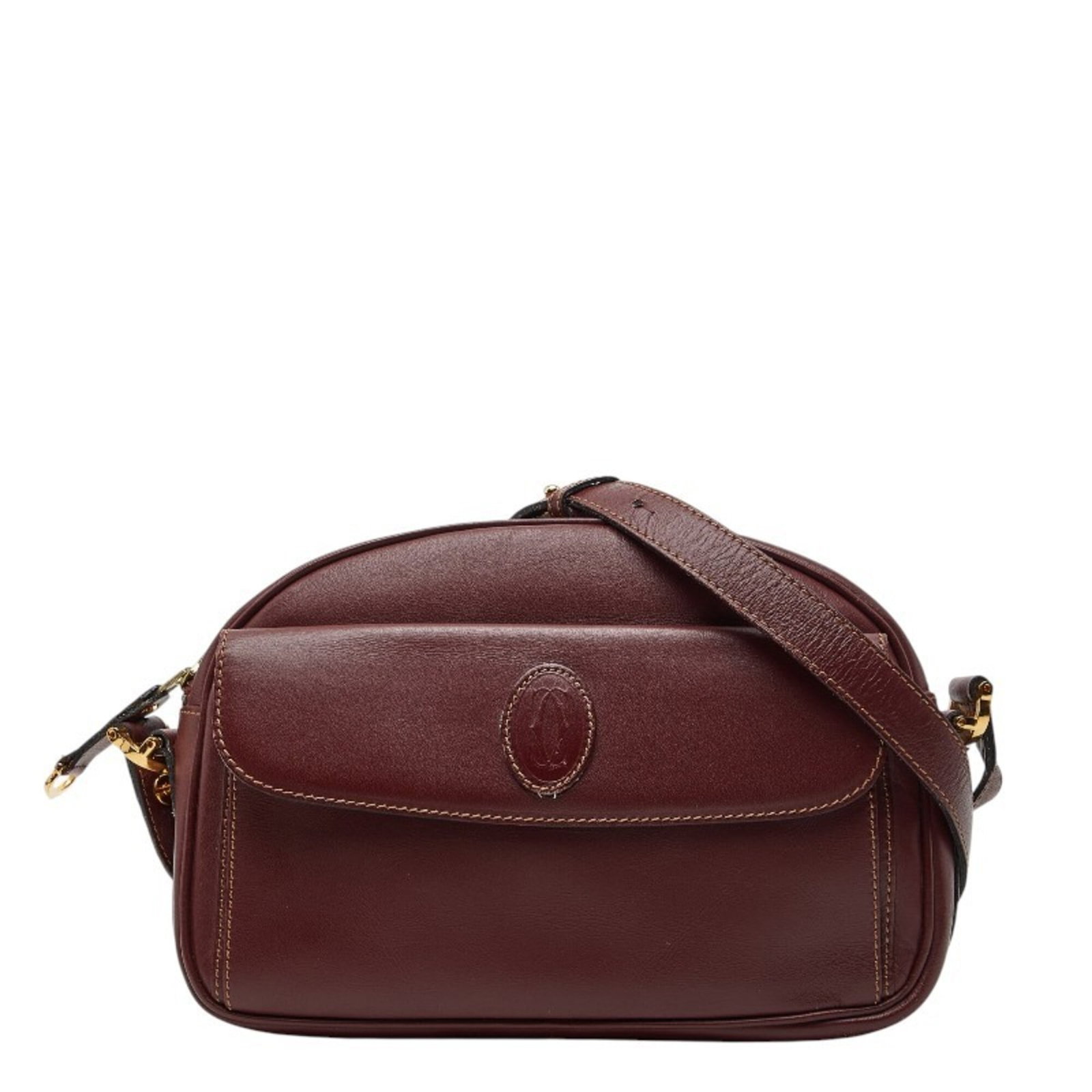 Shoulder Bag Cartier Leather: Shoulder Bag Cartier Leather Bordeaux, Wine red leather shoulder bag from Cartier, featuring a zipper closure and a 43cm strap drop. This 15cm x 23cm x 5cm bag is designed for everyday carry, with a