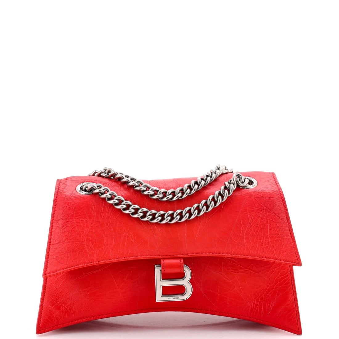 Chain Flap Leather Small Crush Bag Balenciaga: Chain Flap Leather Small Crush Bag Balenciaga Small, bold, and eye-catching, this Balenciaga Crush Chain Flap Bag is a statement piece in red leather. Measuring 6" tall, 10" wide, and 3" deep, it