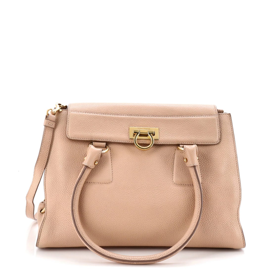 Ferragamo Satchel Leather Medium Lotty Salvatore: Ferragamo Satchel Leather Medium Lotty Salvatore The Salvatore Ferragamo Lotty Satchel Leather Medium is a timeless medium-sized satchel with neutral exterior and brown interior. Measuring 9" tall,