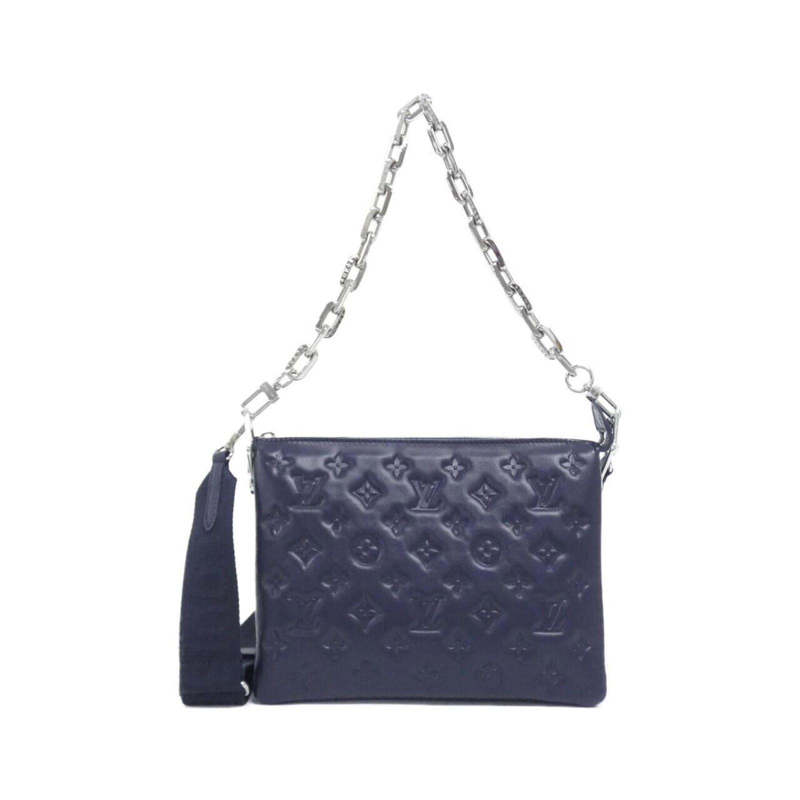 Shoulder Bag Leather Louis Vuitton: Shoulder Bag Leather Louis Vuitton Navy leather shoulder bag from Louis Vuitton, featuring lamb leather construction and silver hardware, measures 20cm x 26cm x 12cm. The bag's classic design and