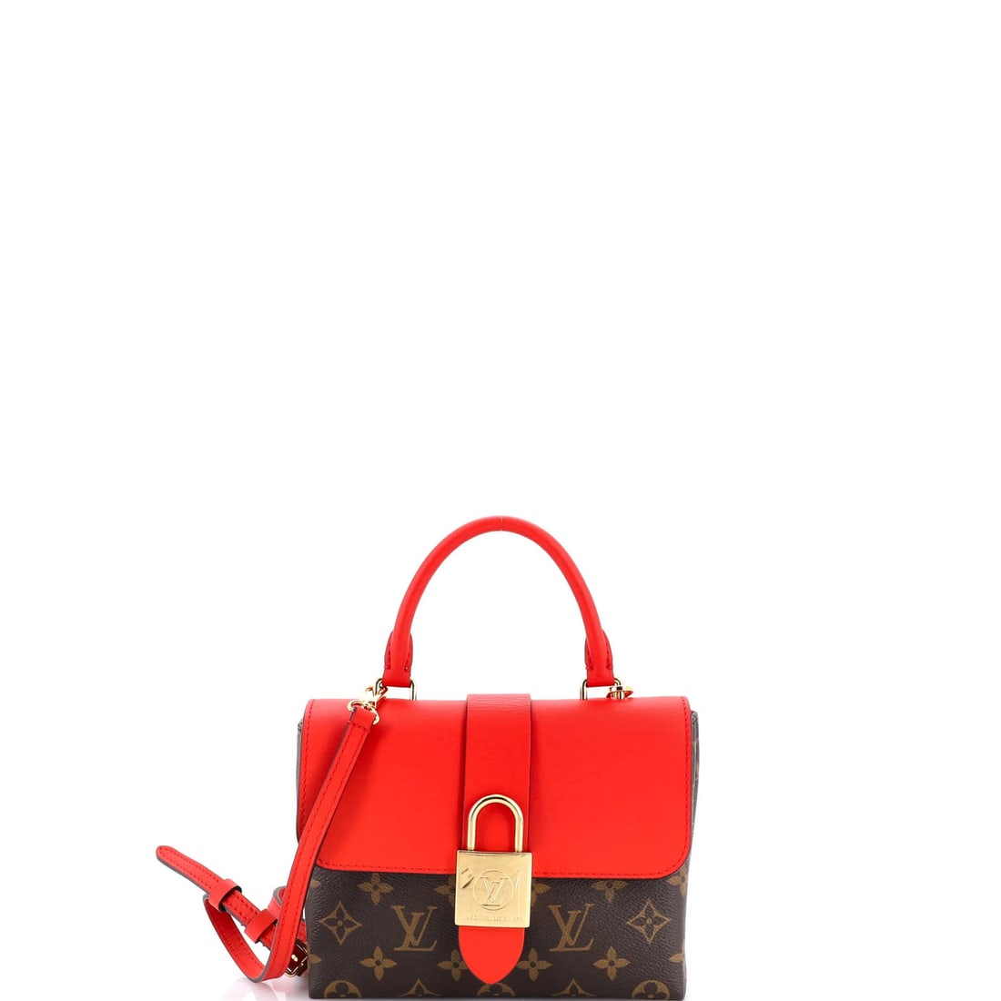 Handbag Canvas Leather Monogram Locky Louis Vuitton: Handbag Canvas Leather Monogram Locky Louis Vuitton Canvas leather monogram Locky Louis Vuitton handbag with top handle, featuring a bold red exterior and gold hardware. This stylish bag boasts a