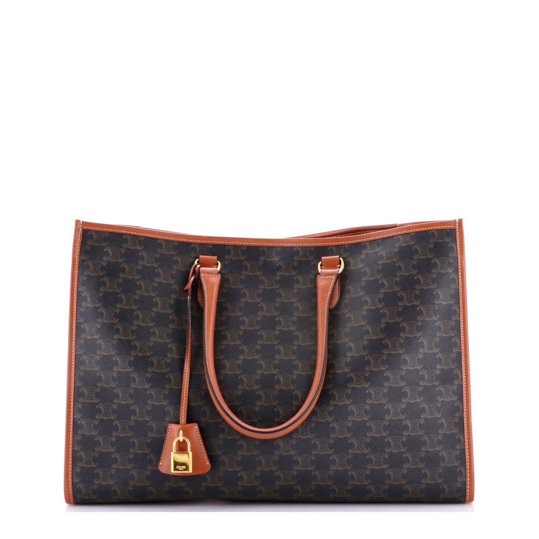 Cabas Tote Coated Canvas Triomphe Celine Horizontal: Cabas Tote Coated Canvas Triomphe Celine Horizontal Brown Cabas Tote with Coated Canvas Exterior, featuring a Horizontal Triomphe design, measures 6.5" drop, 12" height, 17" width, and 4" depth, with 