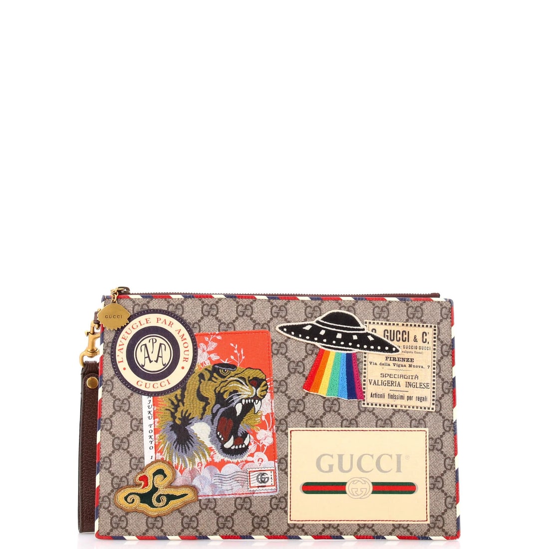 GG Coated Canvas Pouch with Applique Courrier Gucci: GG Coated Canvas Pouch with Applique Courrier Gucci The GG Coated Canvas Pouch with Applique Courrier Gucci boasts a rich, brown exterior and neutral interior, finished with gold hardware. This stylis