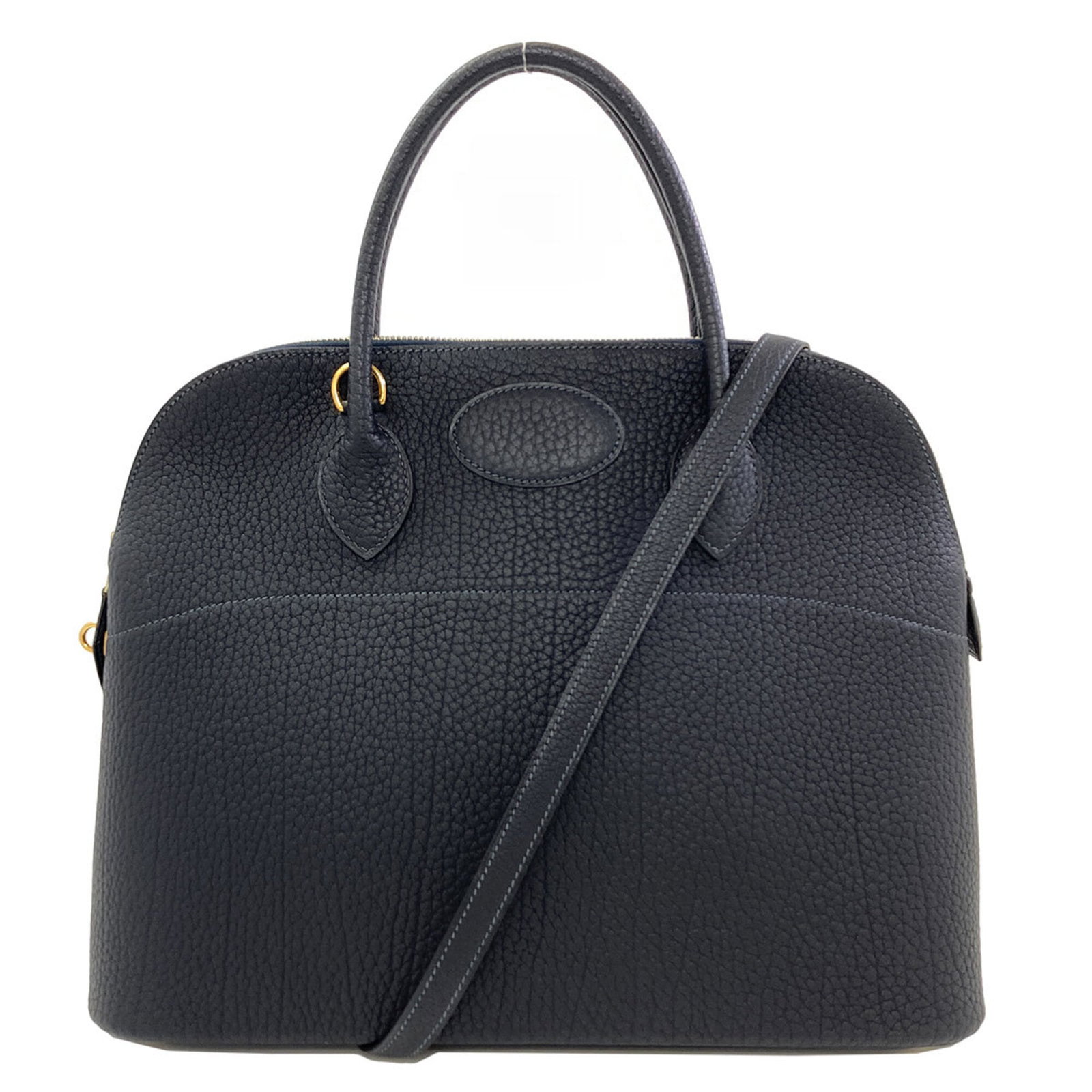 Fjord Leather Handbag Hermes: Fjord Leather Handbag Hermes Dark navy Fjord leather makes this Bolide handbag a sophisticated choice, with a zipper closure and sturdy 90cm strap for effortless carrying. The bag's compact size and b