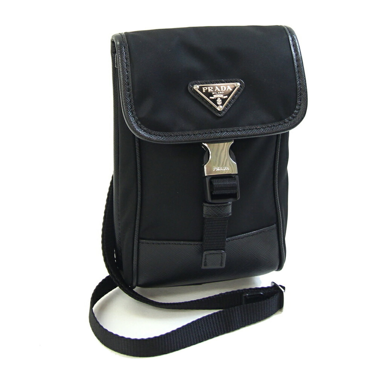Nylon Leather Prada Pochette Shoulder Bag: Nylon Leather Prada Pochette Shoulder Bag Nylon Leather Prada Pochette Shoulder Bag is made from a combination of nylon and leather, with a black color. It measures 18cm x 12cm x 2.5cm and is designed