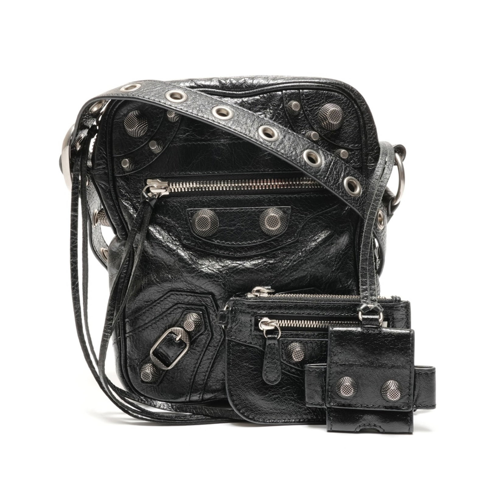 Bag Shoulder Leather Balenciaga: Bag Shoulder Leather Balenciaga Bag Shoulder Leather Balenciaga is a black leather shoulder bag with a strap length of 125cm. Measuring 19cm x 16cm x 3cm, it features a sleek design. The bag bears a