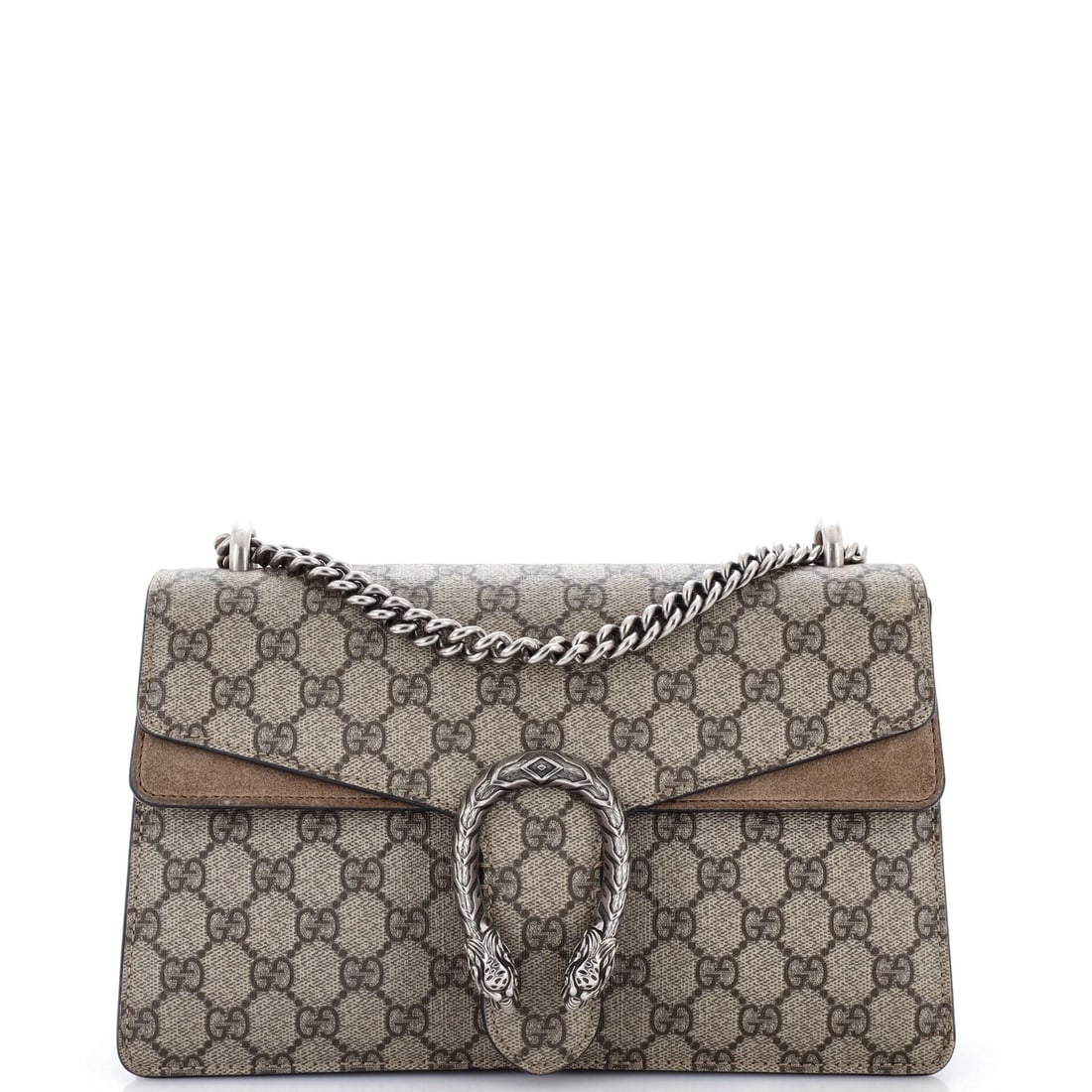 Small coated canvas bag GG Gucci Dionysus: Small coated canvas bag GG Gucci Dionysus Small GG Gucci Dionysus bag in brown coated canvas, featuring a silver buckle and suede interior, with a signature on the interior. The bag has a small size,