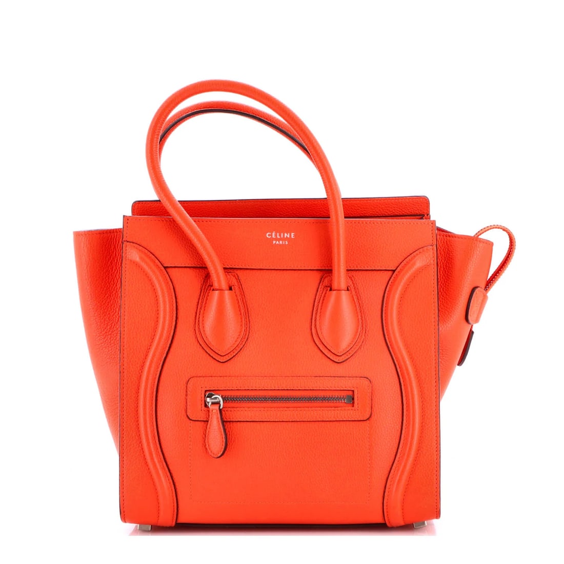 Luggage Bag Grainy Leather Micro Celine: Luggage Bag Grainy Leather Micro Celine This Celine Luggage Bag features a grainy leather exterior in orange, a stylish and eye-catching color. The micro size makes it a compact and versatile accessor