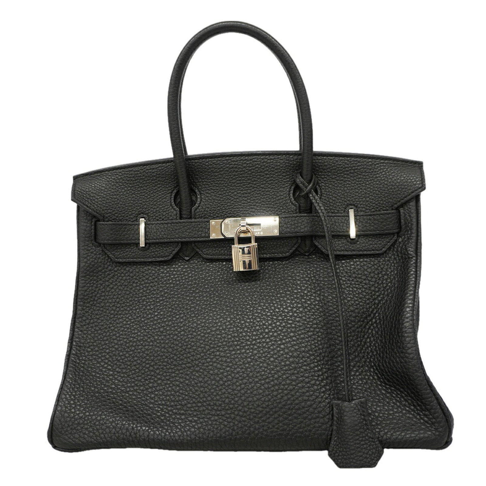 Hermes Handbag Togo Leather: Hermes Handbag Togo Leather Togo leather craftsmanship meets timeless elegance in this sleek black Hermes handbag, featuring silver hardware and a compact 24cm x 30cm x 16cm design. The bag's classic